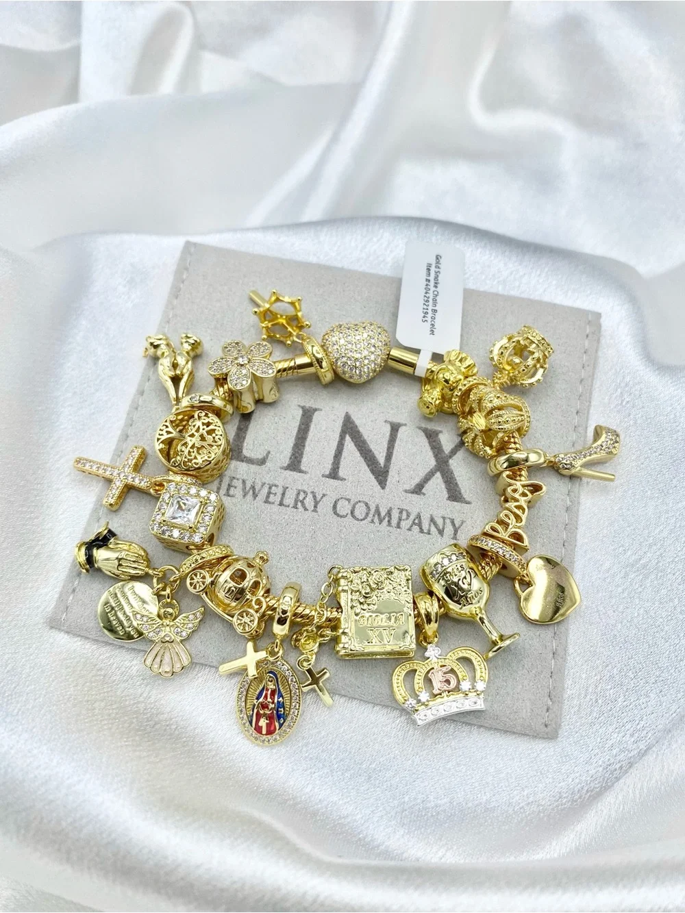 Linx Gold Snake Chain Charm Bracelet with Religious Quinceanera Themed Charms